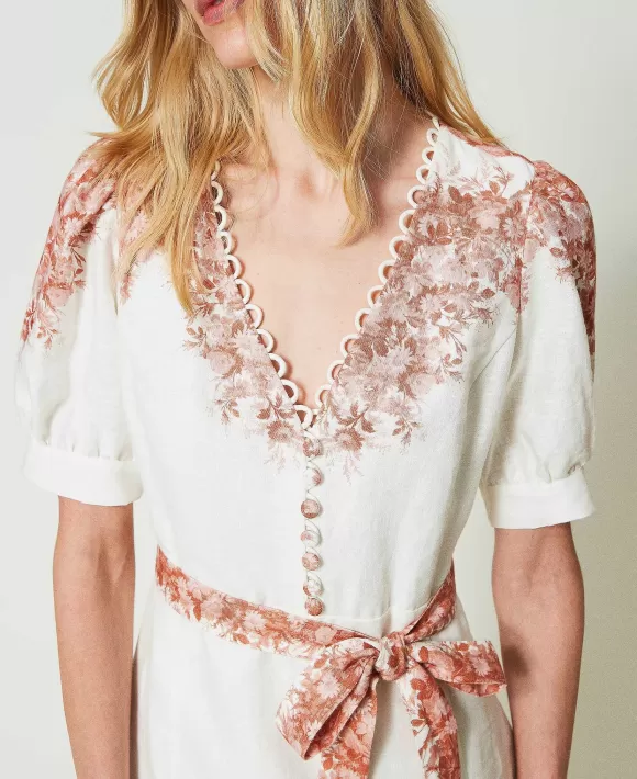 TWINSET Milano Abito Corto In Lino Con Stampa A Fiori Bianco Cheap