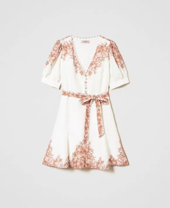 TWINSET Milano Abito Corto In Lino Con Stampa A Fiori Bianco Cheap