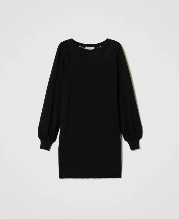 TWINSET Milano Abito Corto In Maglia Con Pizzo Nero Outlet