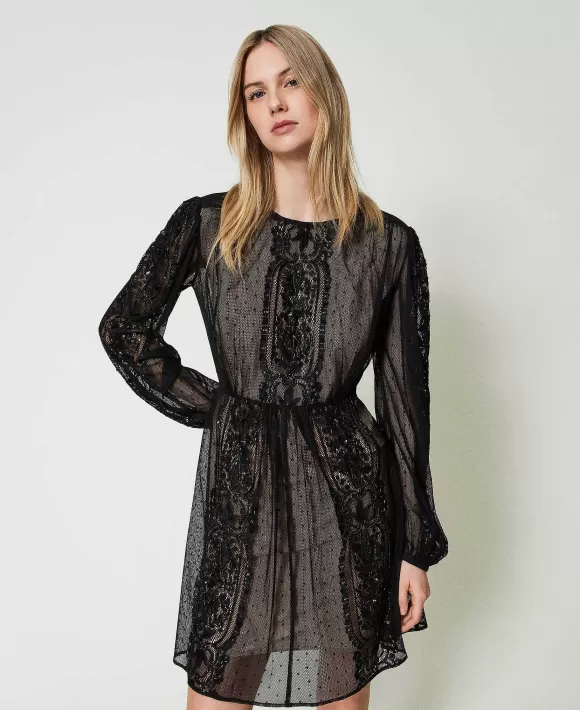 TWINSET Milano Abito Corto In Rete Con Ricamo Floreale Nero Flash Sale