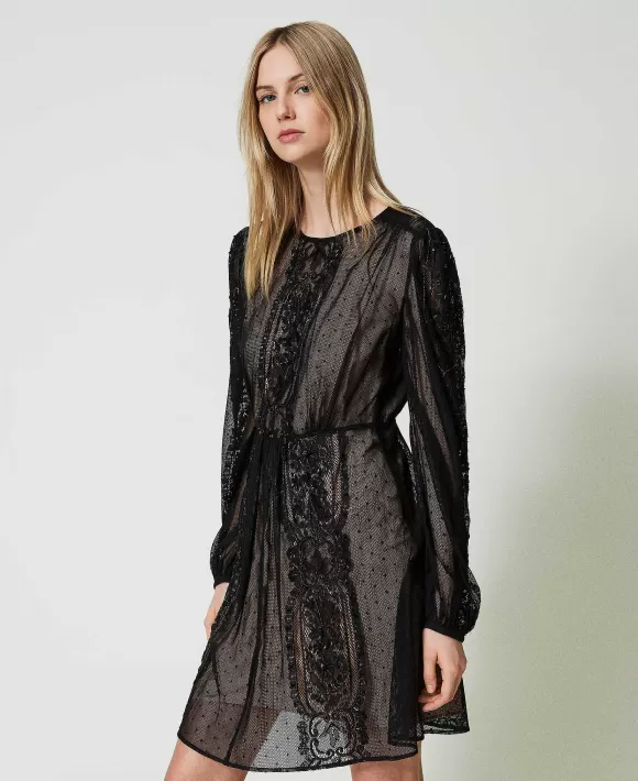 TWINSET Milano Abito Corto In Rete Con Ricamo Floreale Nero Flash Sale