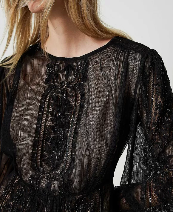 TWINSET Milano Abito Corto In Rete Con Ricamo Floreale Nero Flash Sale