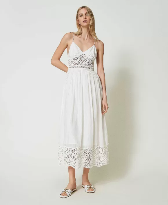 TWINSET Milano Abito Lungo In Maglia Crochet E Fil Coup Bianco Clearance