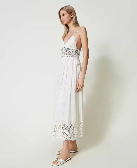 TWINSET Milano Abito Lungo In Maglia Crochet E Fil Coup Bianco Clearance
