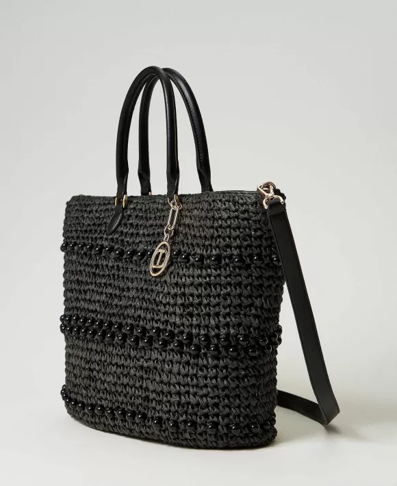 TWINSET Milano Borsa Shopper In Rafia Crochet Con Perle Nero Clearance