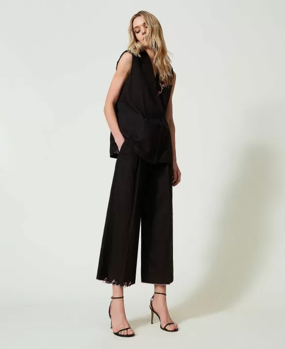 TWINSET Milano Gilet Myfo In Misto Lino Ricamato Nero Fashion