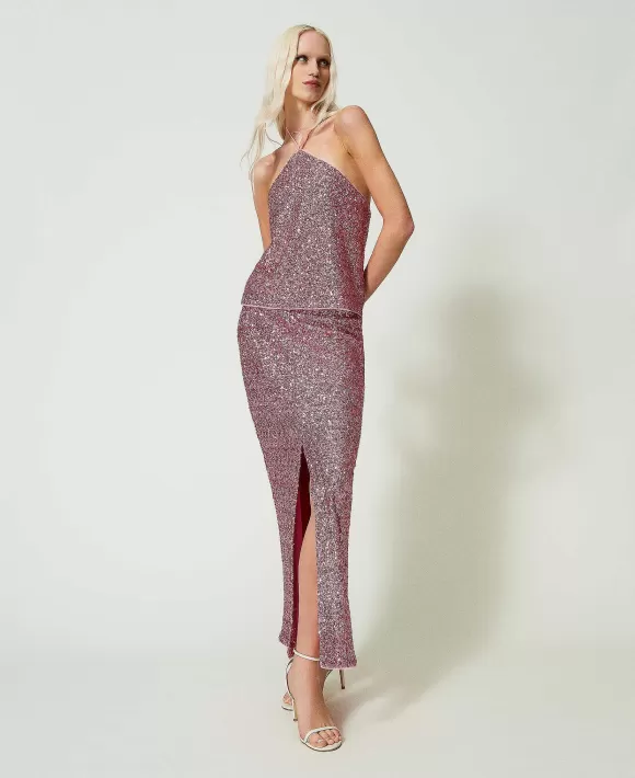 TWINSET Milano Gonna Lunga In Full Paillettes Rosa New