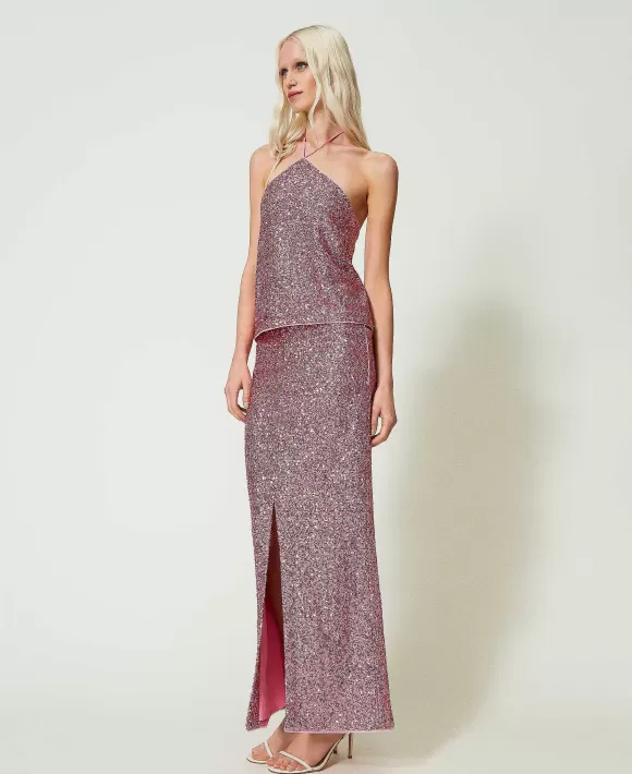 TWINSET Milano Gonna Lunga In Full Paillettes Rosa New