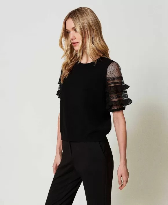 TWINSET Milano Maglia Con Maniche In Tulle E Pizzo Nero Fashion