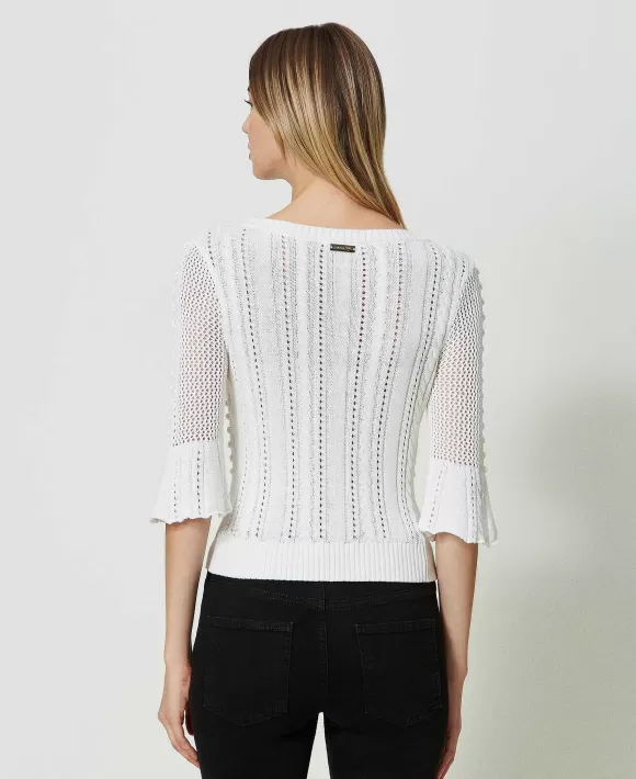 TWINSET Milano Maglia Con Mix Di Punti E Trecce Bianco Discount
