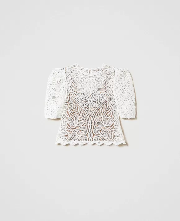 TWINSET Milano Maglia Crochet Effetto Pizzo Con Maniche Balloon Bianco New