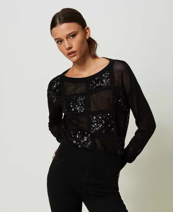 TWINSET Milano Maglia In Punto Rete E Paillettes Nero Shop
