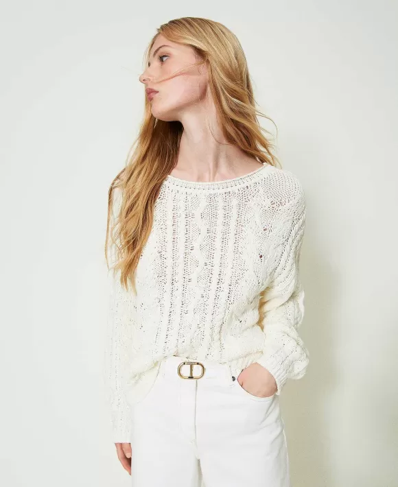 TWINSET Milano Maglia Traforata Con Cotone Organico Bianco New