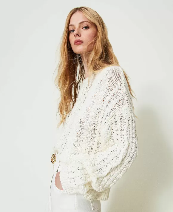 TWINSET Milano Maglia Traforata Con Cotone Organico Bianco New