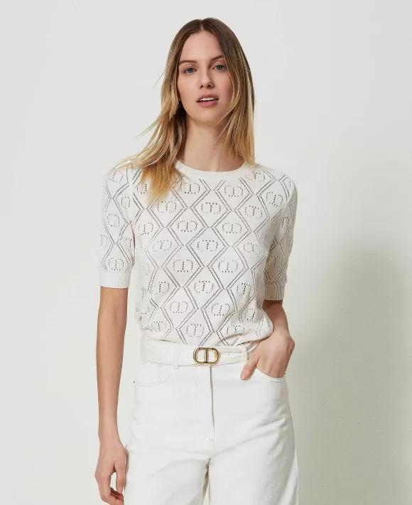 TWINSET Milano Maglia Traforata Con Oval T E Maniche Corte Bianco Outlet