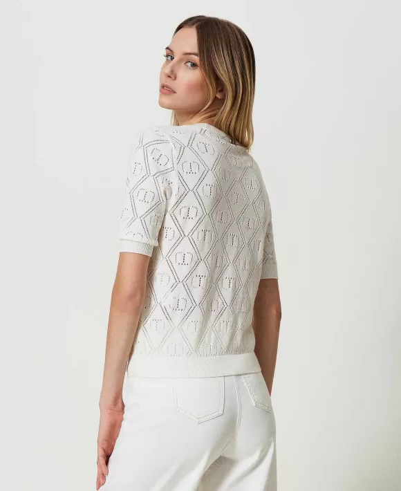 TWINSET Milano Maglia Traforata Con Oval T E Maniche Corte Bianco Outlet