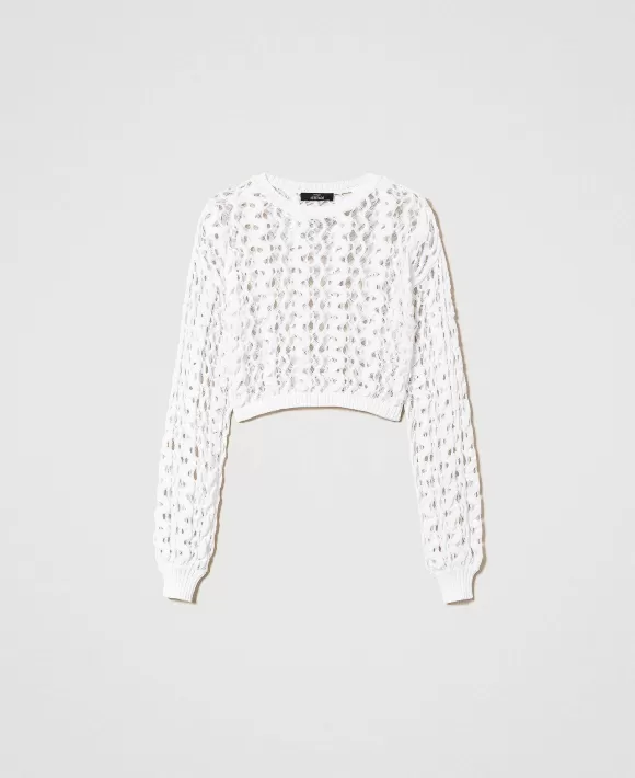 TWINSET Milano Maglia Traforata Effetto Pizzo Bianco Fashion