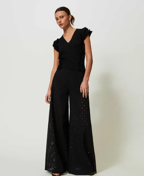 TWINSET Milano Pantaloni A Palazzo In Sangallo Nero Outlet