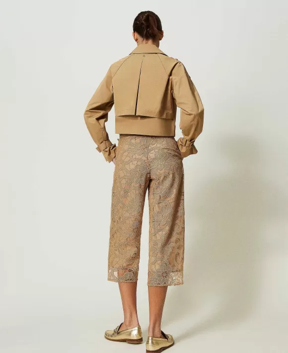 TWINSET Milano Pantaloni Cropped In Organza Ricamata Marrone Hot