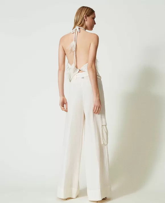 TWINSET Milano Pantaloni Wide Leg In Tela Di Misto Lino Bianco Sale