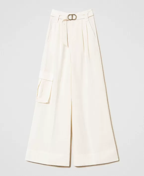 TWINSET Milano Pantaloni Wide Leg In Tela Di Misto Lino Bianco Sale