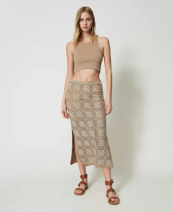 TWINSET Milano Top Cropped In Maglia Lurex Beige New