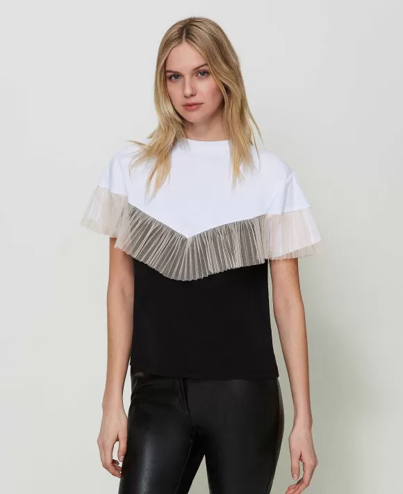 TWINSET Milano T-Shirt Bicolore Con Balza In Tulle Nero Outlet