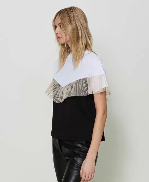 TWINSET Milano T-Shirt Bicolore Con Balza In Tulle Nero Outlet