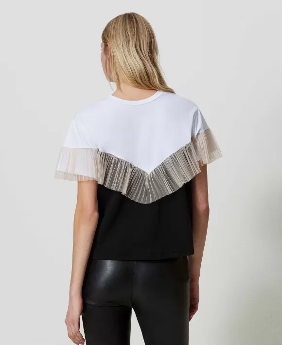 TWINSET Milano T-Shirt Bicolore Con Balza In Tulle Nero Outlet