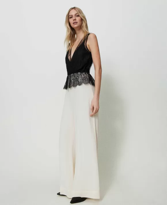 TWINSET Milano Tuta Wide Leg Con Pizzo Chantilly Nero Fashion
